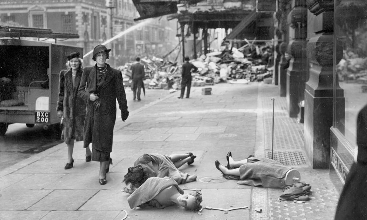  ‘I catch a fearful resemblance to the faces of the young from my generation in the summer of 1939.’ Shop mannequins blown onto the pavement after a bombing raid on London. Photograph: Planet News Archive/SSPL via Getty Images